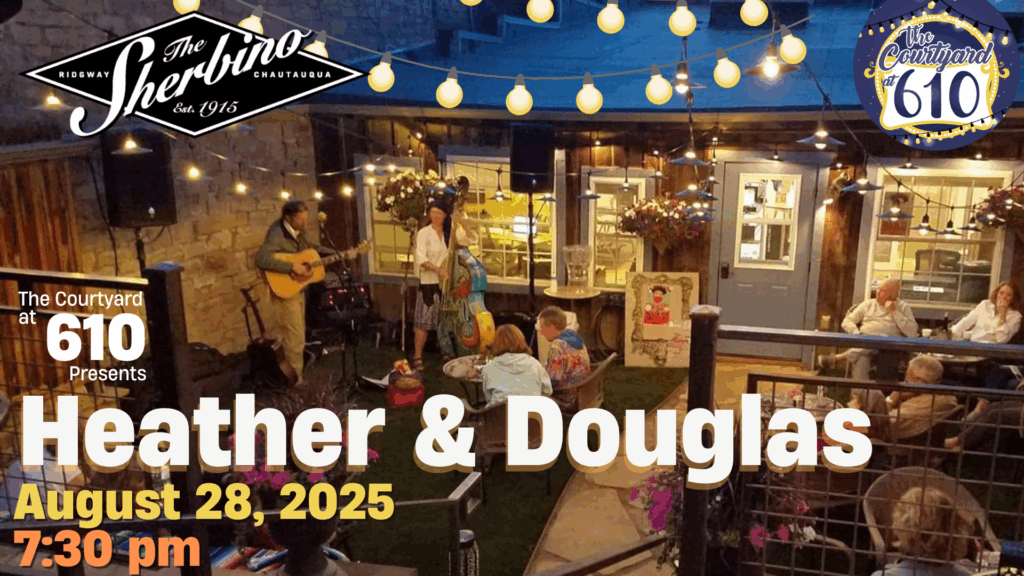 Promotional graphic for a live concert featuring Heather and Douglas in the Courtyard at 610 Arts Collective on August 28. The image includes photos of the musicians, event details, and a relaxed summer evening vibe.