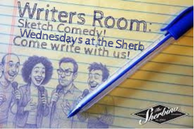Group of local writers brainstorming comedy sketches in the cozy Sherbino Theater, notebooks open and ideas flowing