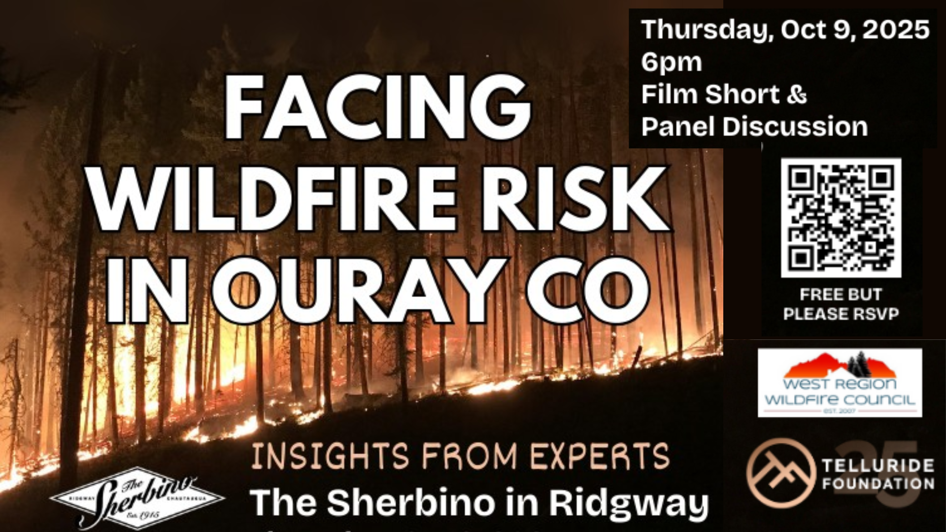 event graphic with "Facing Wildfire Risk in Ouray County" over a photo of a wildfire
