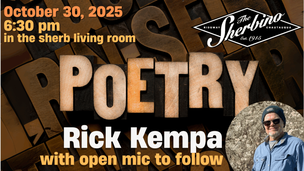 Poet Rick Kempa is featured in front of a graphic that says "Poetry" with the event details and the sherbino logo surrounding