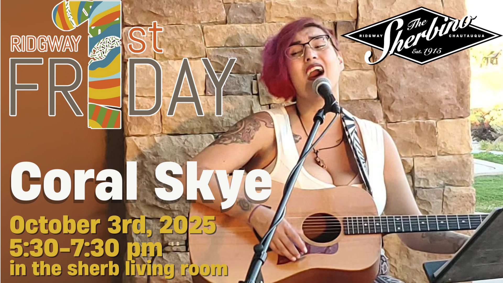 a photo of Coral Skye performing against a stone wall with event details overlaying the image